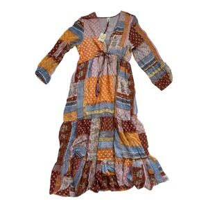 Raga Women Patchwork Floral Maxi Dress V-Neck Boho Orange Multi R4312 L NEW